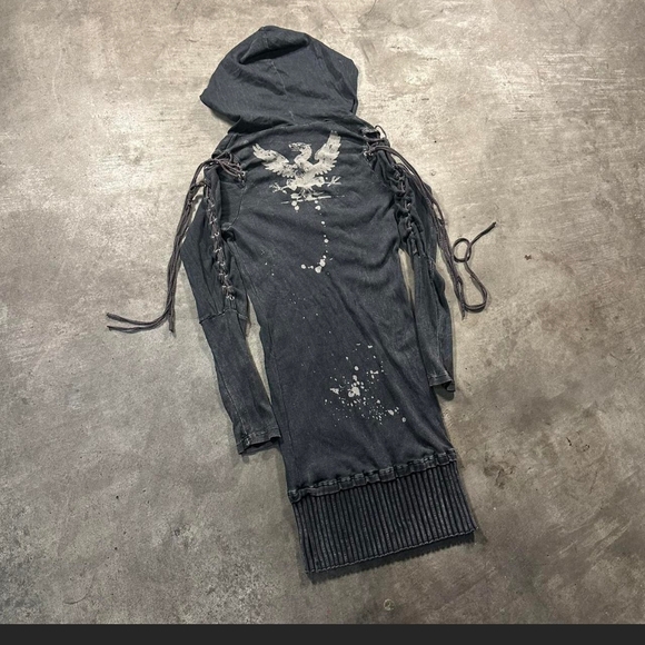 Salvage Vintage Y2K Black Hooded Dress With INSANE GRAPHICS!! M - Picture 3 of 7